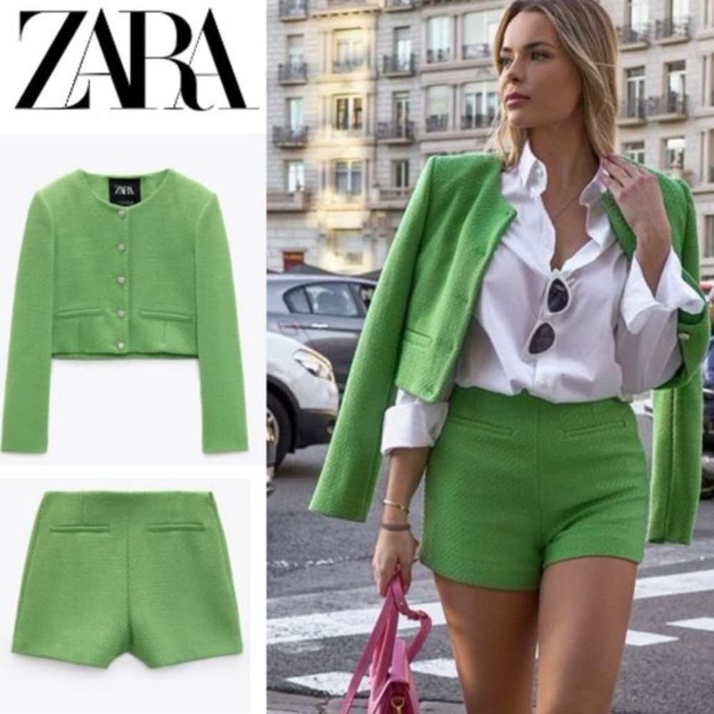 Zara textured Apple Green 2-piece set Blazer and Shorts Set